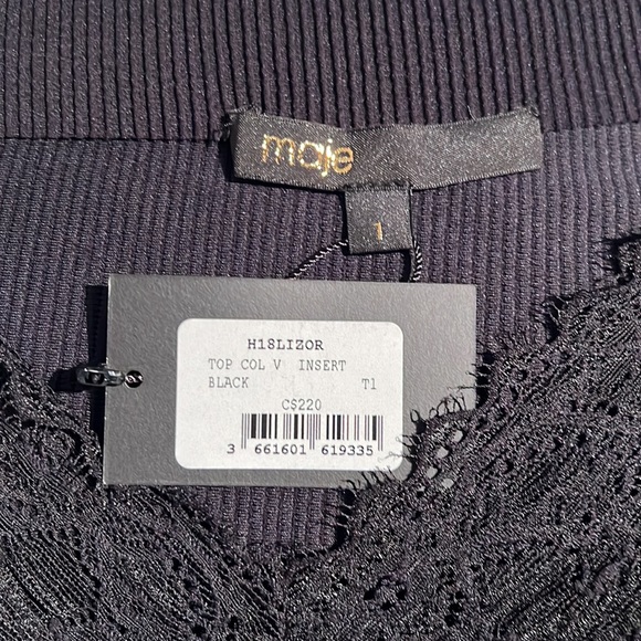 Maje Black Ribbed cap sleeve top w/ lace V insert - Picture 3 of 4
